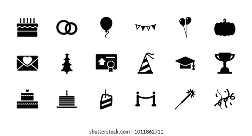 Celebration icons. set of 18 editable filled celebration icons: pumpkin, sparklers, balloon, graduation cap, love letter, party hat, party flag, cake, christmas tree