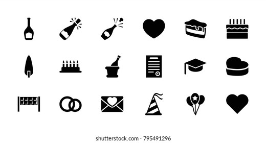 Celebration icons. set of 18 editable filled celebration icons: heart, cake, piece of cake, graduation hat, pine-tree, love letter, heart cake, party hat, champagne