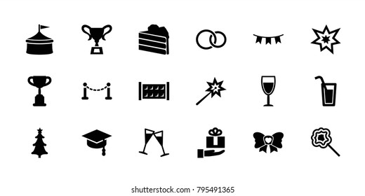 Celebration icons. set of 18 editable filled celebration icons: fence, trophy, sparklers, circus, cake, lollipop, bow, rings, gift on hand, party flag, wine glass