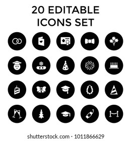 Celebration icons. set of 20 editable filled celebration icons such as graduation hat, graduate emoji, snowflake, bouquet. best quality celebration elements in trendy style.