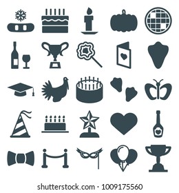Celebration icons. set of 25 editable filled celebration icons such as pumpkin, animal fang, butterfly, cake, snowflake, balloon, lollipop, champagne bottle with heart, heart