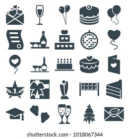 Celebration icons. set of 25 editable filled celebration icons such as champagne and wine glasses, balloon, graduation cap, cake, pine-tree, love letter, heart baloons