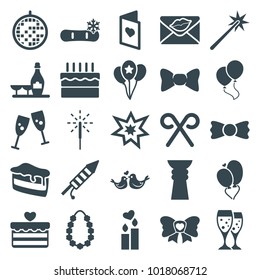 Celebration icons. set of 25 editable filled celebration icons such as champagne and wine glasses, bow tie, glasses clink, piece of cake, love letter, lovebirds, heart baloons