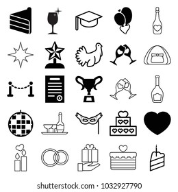 Celebration icons. set of 25 editable filled and outline celebration icons such as fence, disco ball, heart baloons, bill of house, star trophy, cake, graduation hat, turkey