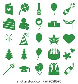 Celebration icons set. set of 25 celebration filled icons such as baloon, sparklers, cake, heart baloons, love letter, champagne bottle with heart, heart, party hat, balloon