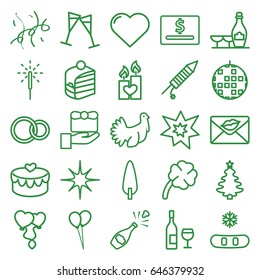 Celebration icons set. set of 25 celebration outline icons such as heart, champagne and wine glasses, balloon, piece of cake, pine-tree, love letter, heart balloons, rings