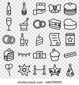 Celebration icons set. set of 25 celebration outline icons such as balloon, star, piece of cake, cake, champagne bottle with heart, heart cake, muffin, bow, rings, party flag
