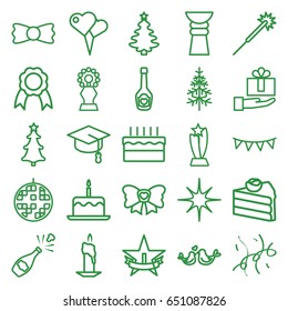 Celebration icons set. set of 25 celebration outline icons such as cake with one candle, sparklers, bow tie, pine-tree, lovebirds, champagne bottle with heart, bow, star