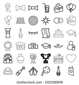 Celebration icons. set of 36 editable outline celebration icons such as bow tie, graduation hat, opened champagne, balloon, tent, cake slice, champagne bottle with heart, star