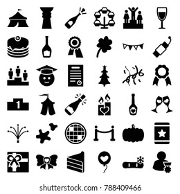 Celebration icons. set of 36 editable filled celebration icons such as pumpkin, clover, gift, award, star, graduate emoji, opened champagne, carousel, cake, heart baloons