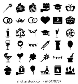 Celebration icons set. set of 36 celebration filled icons such as baloon, butterfly, clover, champagne and wine glasses, sparklers, clean wine glass, graduation cap, star