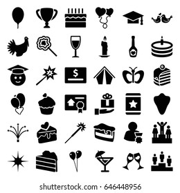 Celebration icons set. set of 36 celebration filled icons such as animal fang, butterfly, sparklers, balloon, graduation cap, star, graduate emoji, piece of cake, lollipop