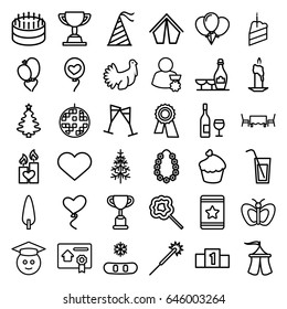 Celebration icons set. set of 36 celebration outline icons such as butterfly, champagne and wine glasses, sparklers, award, star, lollipop, pine-tree, heart baloons, muffin