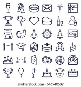 Celebration icons set. set of 36 celebration outline icons such as fence, baloon, cake with one candle, heart, red carpet barrier, gift, clean wine glass, award, piece of cake