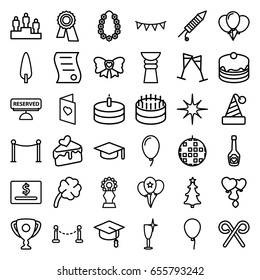 Celebration icons set. set of 36 celebration outline icons such as fence, baloon, red carpet barrier, clean wine glass, award, cake, pine-tree, heart balloons, cake slice