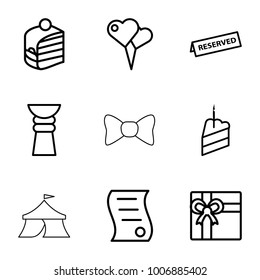 Celebration icons. set of 9 editable outline celebration icons such as gift, heart shaped air balloon, piece of cake, bill of house sell, reserved, trophy, bow tie