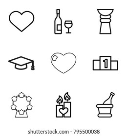 Celebration icons. set of 9 editable outline celebration icons such as candle heart, heart, champagne, ranking, trophy, wine glass and bottle, graduation hat