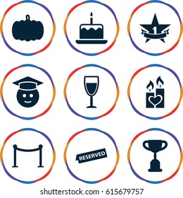 Celebration icons set. set of 9 celebration filled icons such as pumpkin, cake with one candle, Red carpet barrier, graduate emoji, candle heart, reserved, wine glass