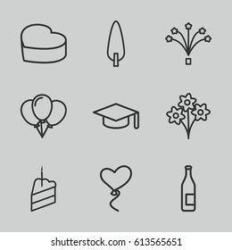 Celebration icons set. set of 9 celebration outline icons such as pine-tree, heart baloons, heart cake, fireworks, piece of cake, graduation hat, bouquet, bottle