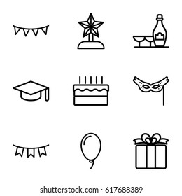 Celebration icons set. set of 9 celebration outline icons such as champagne and wine glasses, present, party flag, balloon, cake, mask, graduation hat