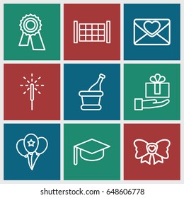 Celebration icons set. set of 9 celebration outline icons such as fence, award, love letter, bow, sparkler, champagne, balloon, graduation hat