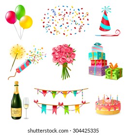 Celebration icons set with cake balloons champagne bouquet confetti and present boxes firecrackers garland whistle party hat isolated vector illustration