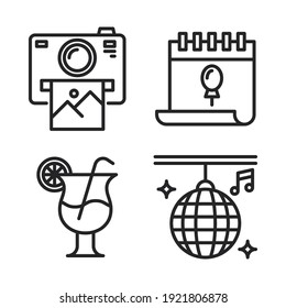 Celebration Icons Set = camera polaroid, calendar, cocktail, disco ball. Perfect for website mobile app, app icons, presentation, illustration and any other projects.