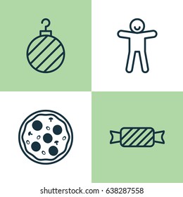 Celebration Icons Set. Collection Of Christmas Ball, Pizza Meal, Sweet And Other Elements. Also Includes Symbols Such As Meal, Candy, Toy.