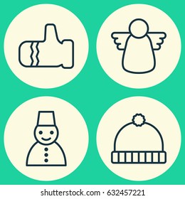 Celebration Icons Set. Collection Of Knitted Cap, Archangel, Snow Person And Other Elements. Also Includes Symbols Such As Man, Mitten, Cap.