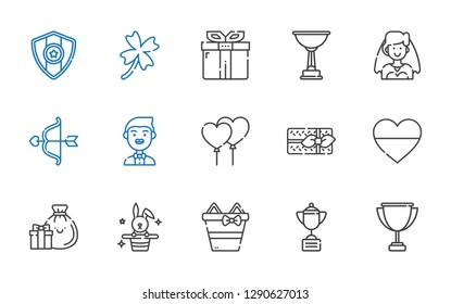 celebration icons set. Collection of celebration with trophy, gifts, rabbit, heart, balloons, groom, cupid, bride, gift, clover, medal. Editable and scalable celebration icons.