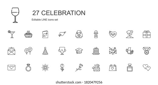celebration icons set. Collection of celebration with wedding day, gifts, rose, star, engagement ring, love letter, garland, cake slice. Editable and scalable celebration icons.