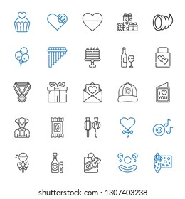 celebration icons set. Collection of celebration with wrapping, clown, gift, wine, lollipop, romantic music, candy, love letter, cap. Editable and scalable celebration icons.