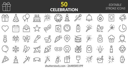 Conjunto de ícones de celebração que representa elementos festivos para várias ocasiões e eventos, delineado para um design limpo