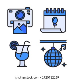 Celebration Icons Set (Filled Line) = camera polaroid, calendar, cocktail, disco ball. Perfect for website mobile app, app icons, presentation, illustration and any other projects.