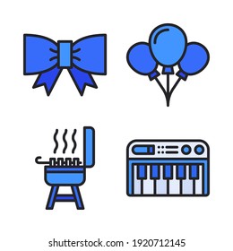 Celebration Icons Set (Filled Line) = bow tie, balloons, bbq grill, keyboard . Perfect for website mobile app, app icons, presentation, illustration and any other projects.