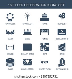 celebration icons. Trendy 16 celebration icons. Contain icons such as carousel, sparkler, cake, bouquet, mask, fence, dollar card, gift, love letter. celebration icon for web and mobile.