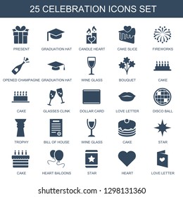 celebration icons. Trendy 25 celebration icons. Contain icons such as present, graduation hat, candle heart, cake slice, fireworks, opened champagne. celebration icon for web and mobile.