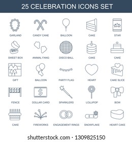 celebration icons. Trendy 25 celebration icons. Contain icons such as garland, candy cane, balloon, cake, star, sweet box, animal fang, disco ball. celebration icon for web and mobile.