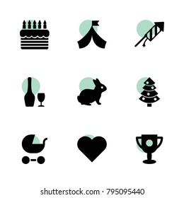 Celebration icons. vector collection filled celebration icons set.. includes symbols such as rabbit, heart, fireworks, trophy, pram, cake. use for web, mobile and ui design.