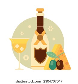 Celebration illustration with bottle of champagne. French party scene with sparkling wine, cocktail glass with ice cubes in beverage and snacks. Drinks served with cheese and olives.