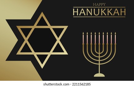 Celebration illustration with golden text Happy Hanukkah, chandelier and star of David on the black background for Hanukkah Jewish holiday. Luxury banner, wallpaper, card or poster.