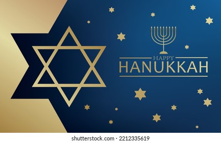 Celebration illustration with golden text Happy Hanukkah, chandelier and star of David on the blue background for Hanukkah Jewish holiday. Luxury design for banner, wallpaper, card or poster.