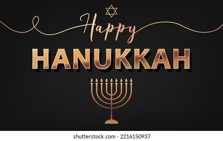 Celebration illustration with golden text Happy Hanukkah, chandelier and star of David on the black background for Hanukkah Jewish holiday. Luxury banner, wallpaper, card or poster.