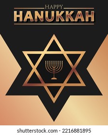 Celebration illustration with golden text Happy Hanukkah, chandelier and star of David on the black background for Hanukkah Jewish holiday. Luxury banner, wallpaper, card or poster.