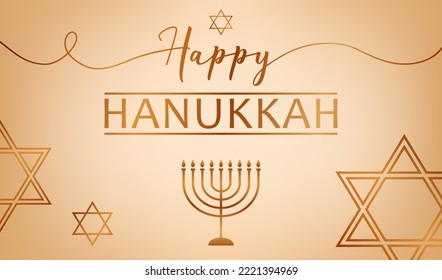 Celebration illustration with golden text Happy Hanukkah, chandelier and stars of David for Hanukkah Jewish holiday. Luxury greeting design for banner, wallpaper, card or poster.