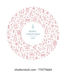 Celebration illustration with new year and christmas symbols made in flat line style.