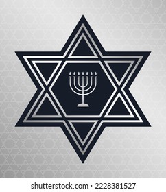 Celebration illustration with silver  chandelier and star of David on the blue background with silver frame for Hanukkah Jewish holiday. Luxury design for banner, card, poster or background.