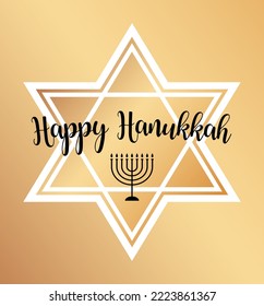 Celebration illustration with text Happy Hanukkah, chandelier and star of David for Hanukkah Jewish holiday. Luxury golden design for banner, wallpaper, festive card or poster.