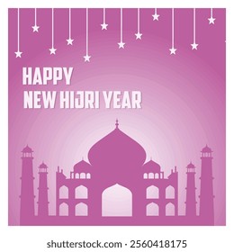 Celebration image showing Happy Hijri New Year greetings with silhouettes of Islamic architecture decorated with stars. Flat vector modern illustration