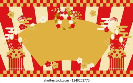 celebration images ofshimekazari and kadomatsu, pine, bamboo, plum, cloud, fan-shaped and vertical striped background “three color version”.